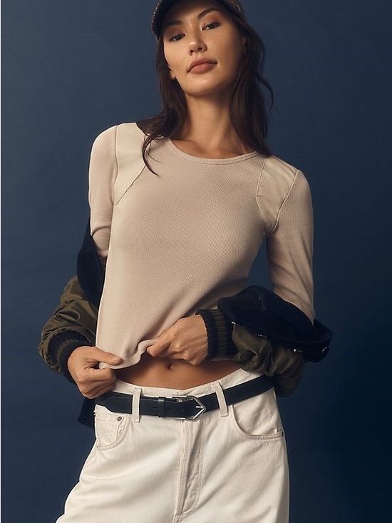 Anthropologie Maeve Beige Long-Sleeve Ribbed Faux Leather Insert Crew Pullover - Picture 3 of 13